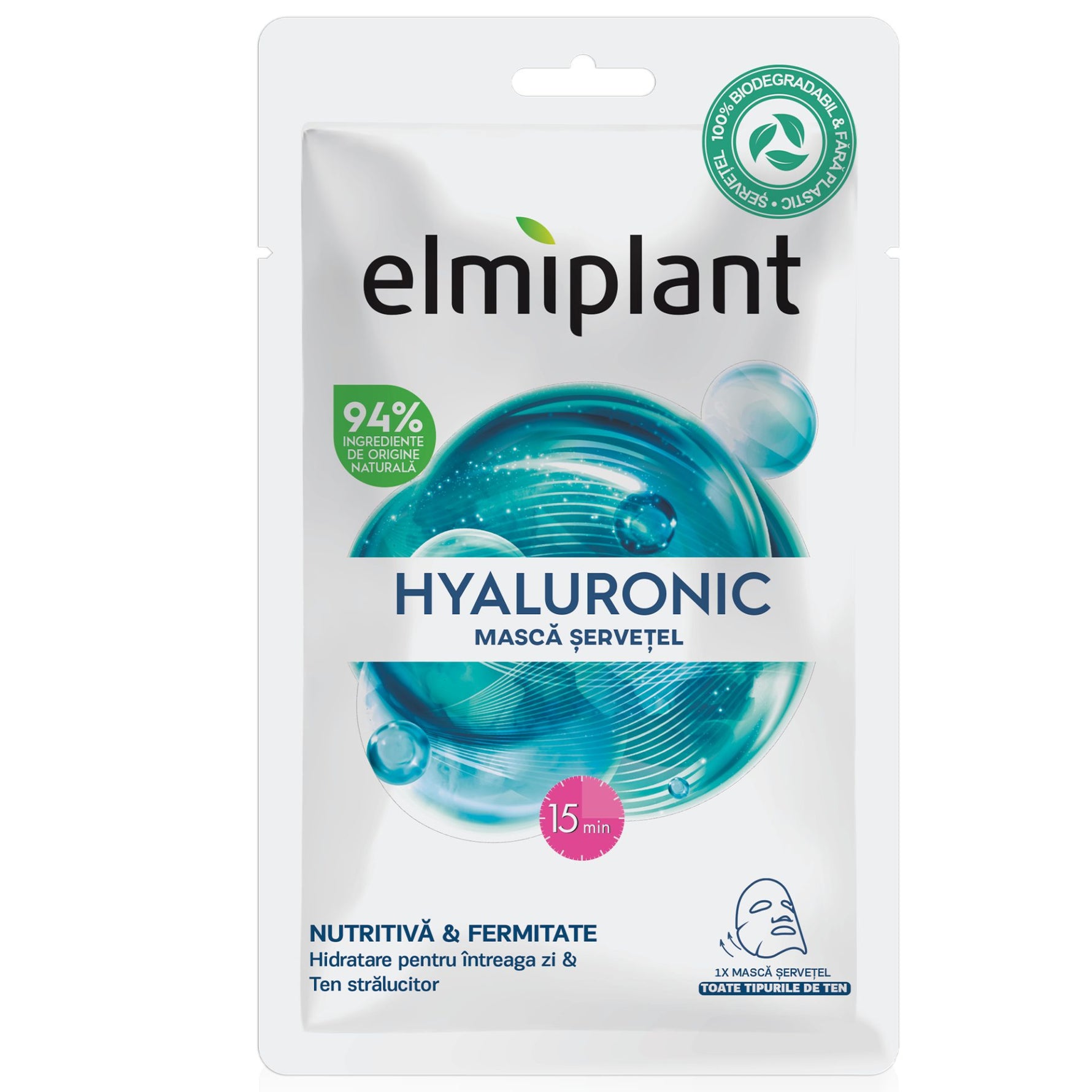 Masca Servetel Pentru Fata, Elmiplant, Hyaluronic, Pentru Toate Tipurile de Ten, 20 ml