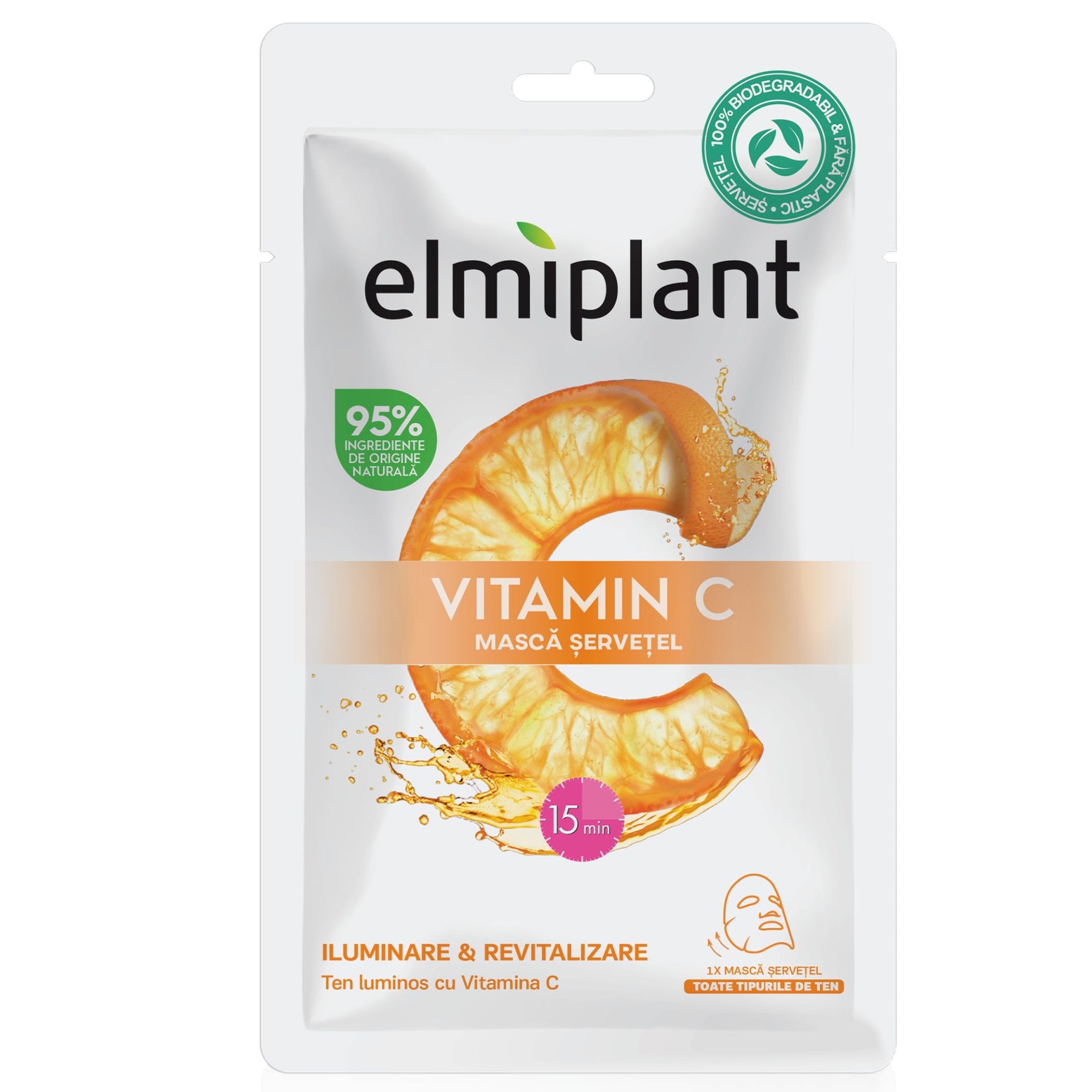 Masca Servetel Pentru Fata, Elmiplant, Vitamin C, Pentru Iluminare si Revitalizare, 20 ml