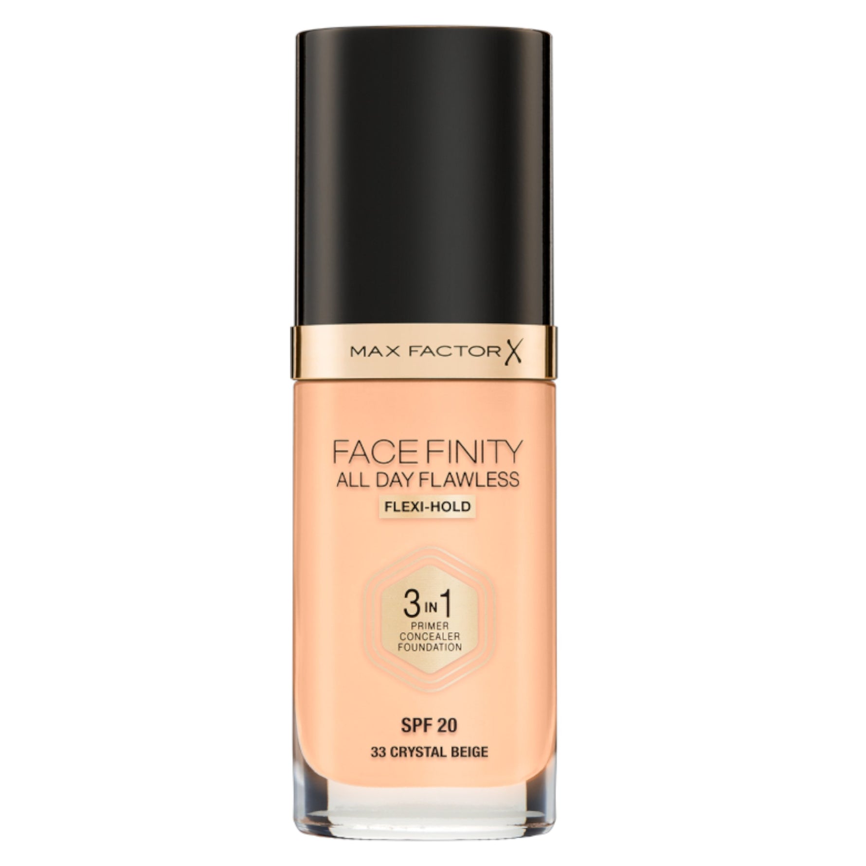 Max Factor, Facefinity All Day Flawless, Vegan, Mat, Bază, corector și fond de ten 3-în-1, 33, Bej cristal, SPF 20, 30 ml