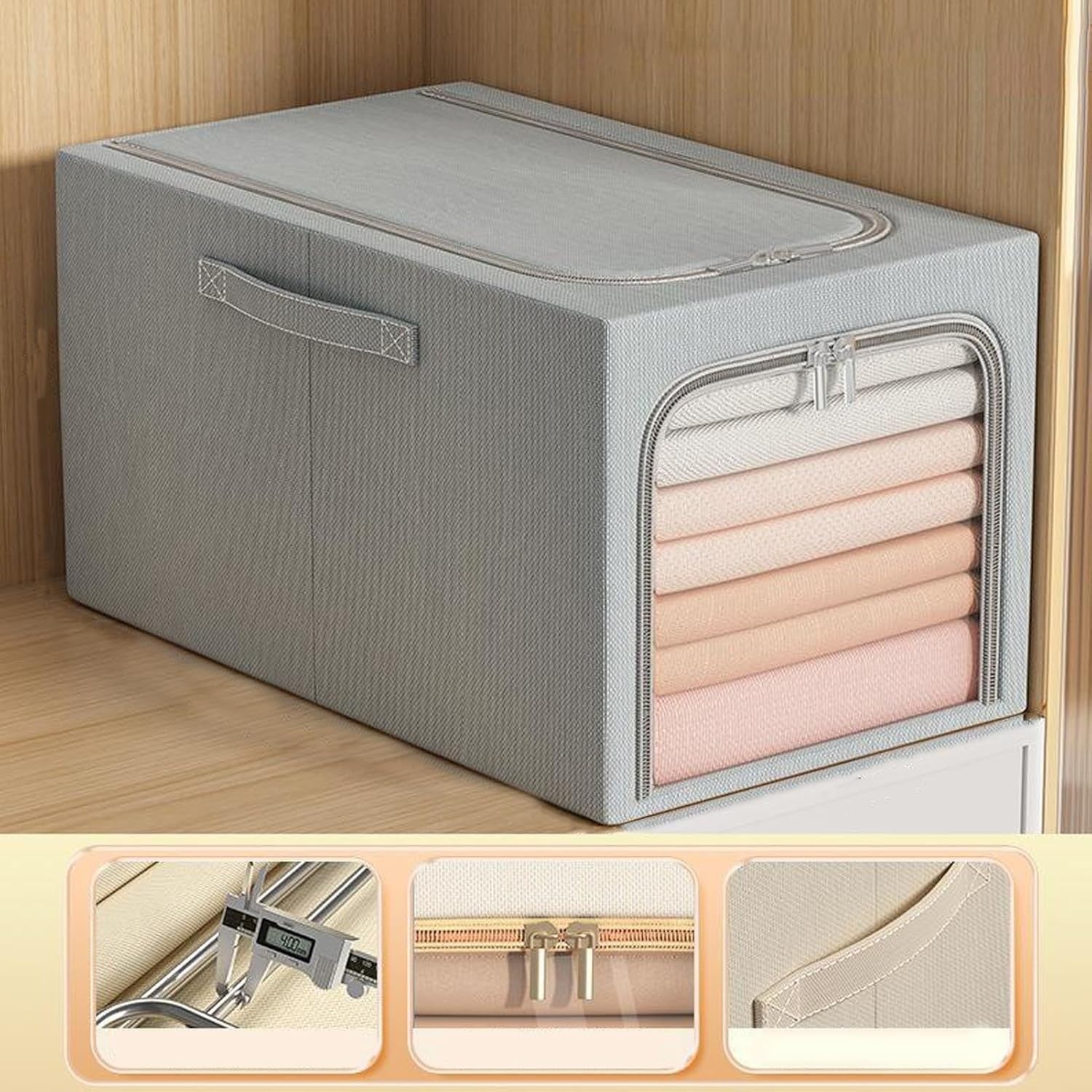 Cutie de Depozitare, Flippy, 31L, din In si Bumbac, Pliabila, Cadru din Otel, 45 x 30 x 23 cm, Albastru Fumuriu