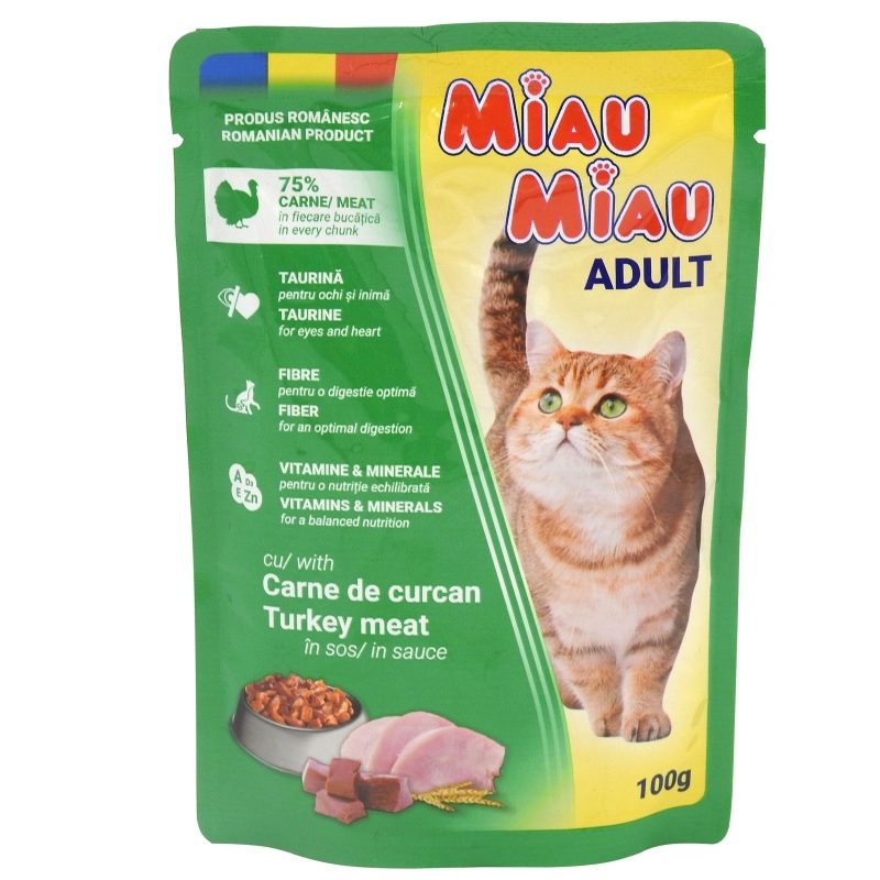 Hrana Umeda pentru Pisici in Sos, Miau Miau, Curcan, 100 g