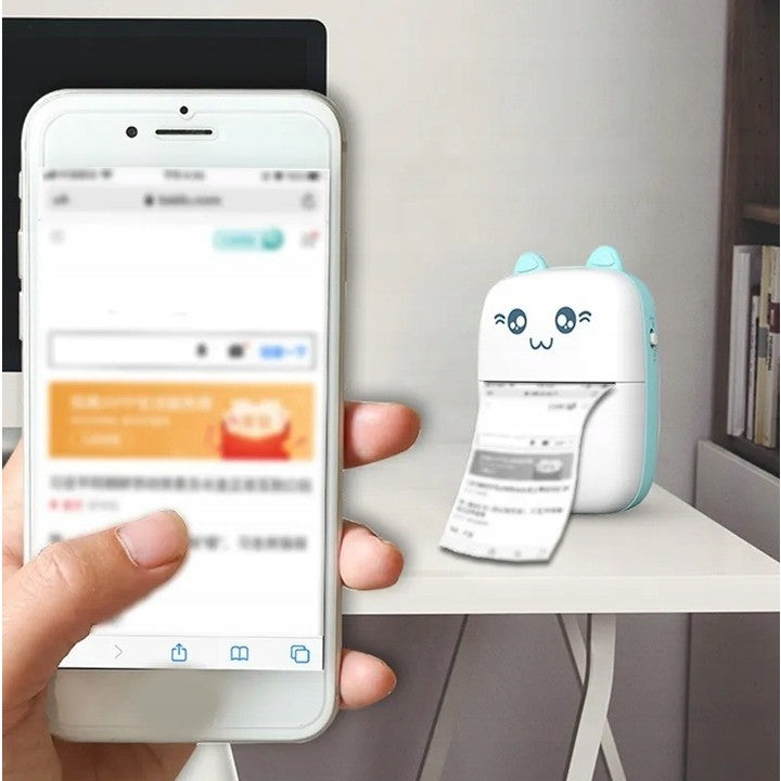 Mini Imprimanta Foto Portabila, Flippy, Incarcare USB, Bluetooth, Model Ursulet, 12 x 9 x 5 cm, Alb Albastru