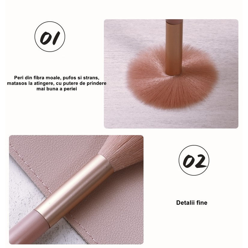 Mini Set Portabil 8 Pensule pentru Machiaj Flippy, Super Soft, Makeup Profesional/Incepatori, Maner Ergonomic, Gentuta