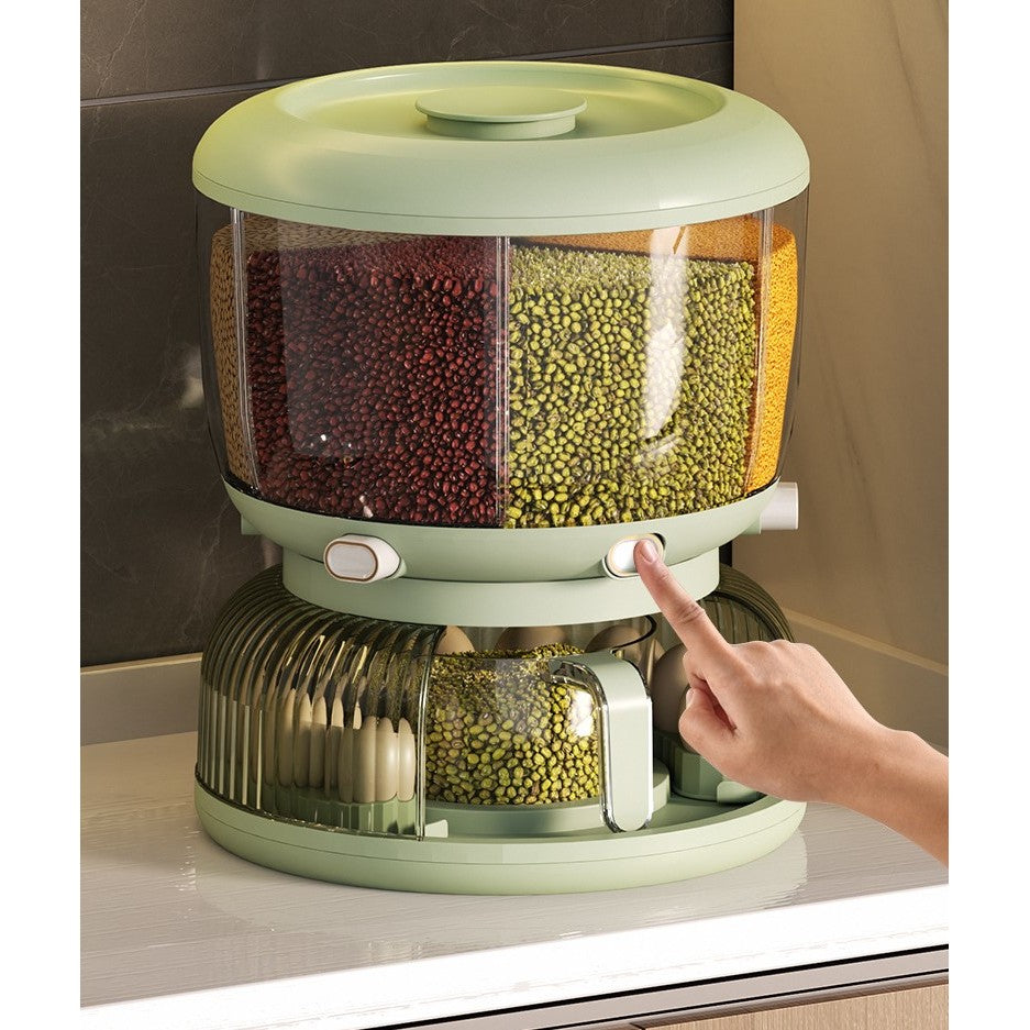 Dozator Etajat de Cereale Flippy, Rotativ 360, 6 Compartimente, Capacitate 10L, Cofraj Special pentru Oua, Vas pentru