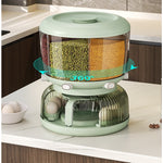 Dozator Etajat de Cereale Flippy, Rotativ 360, 6 Compartimente, Capacitate 10L, Cofraj Special pentru Oua, Vas pentru