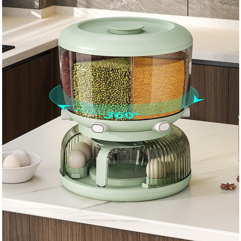 Dozator Etajat de Cereale Flippy, Rotativ 360, 6 Compartimente, Capacitate 10L, Cofraj Special pentru Oua, Vas pentru