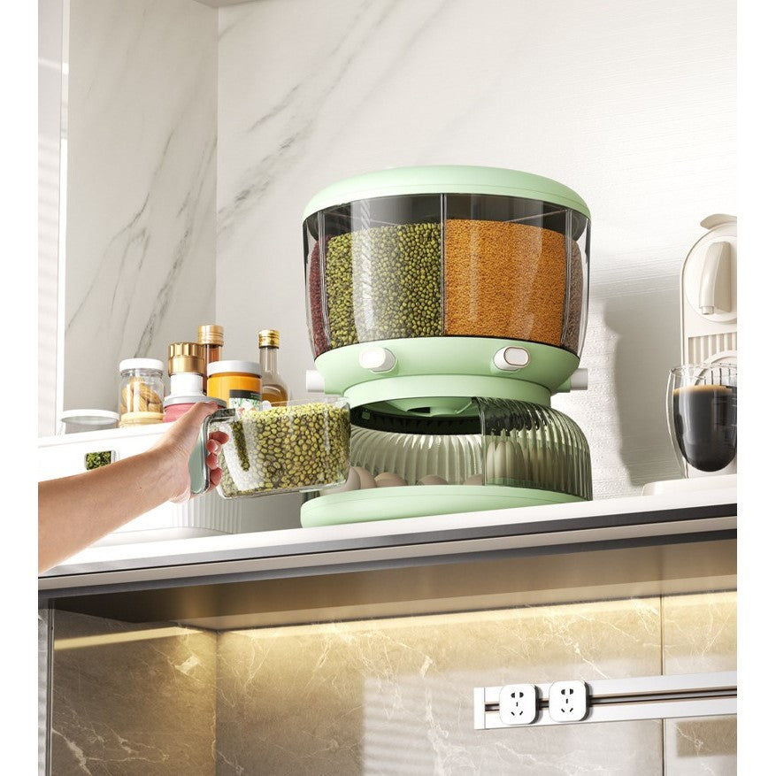 Dozator Etajat de Cereale Flippy, Rotativ 360, 6 Compartimente, Capacitate 10L, Cofraj Special pentru Oua, Vas pentru