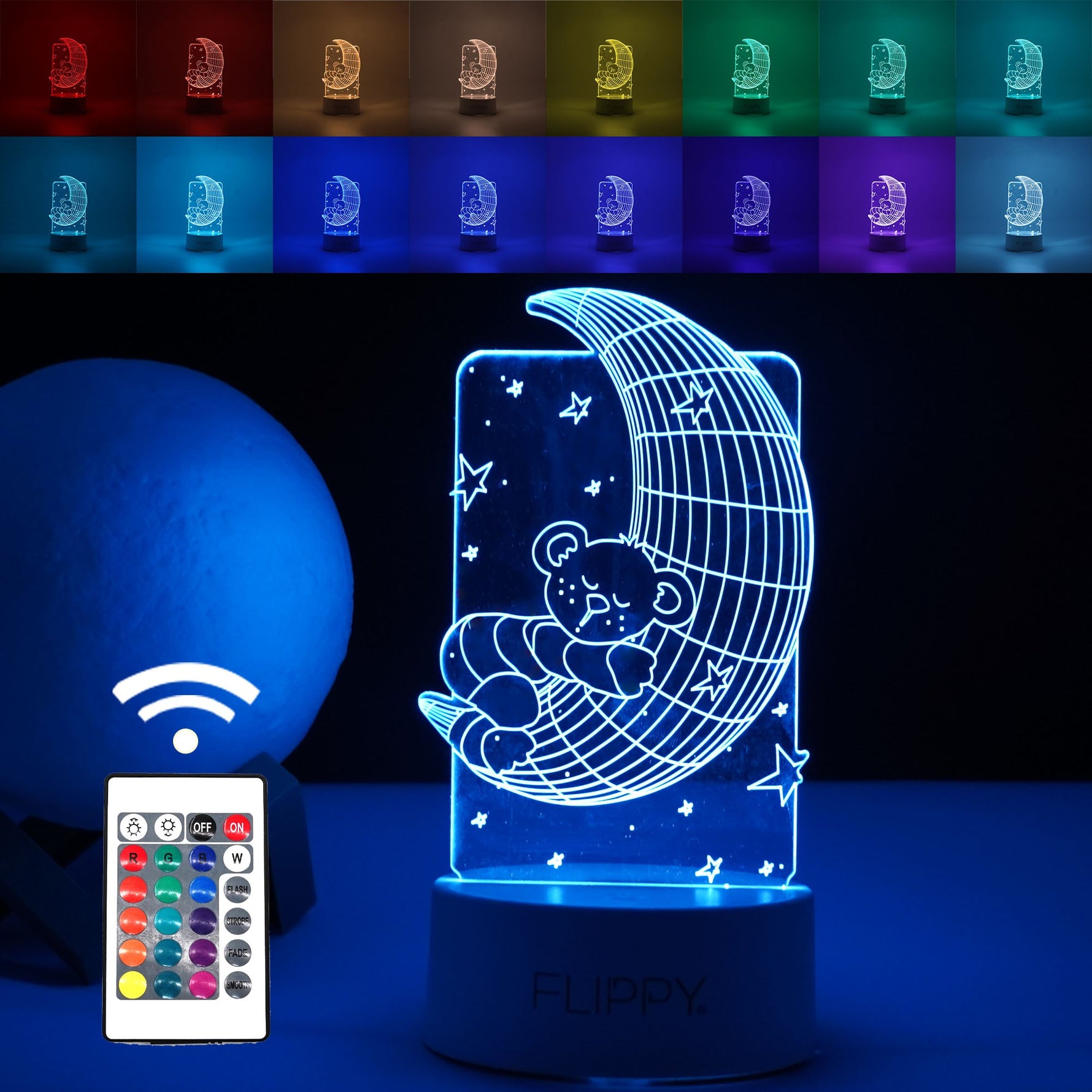 Lampa LED decorativa, Flippy, 3D, Ursulet si Semiluna, cu telecomanda, doua moduri de alimentare USB si baterii, 20 cm