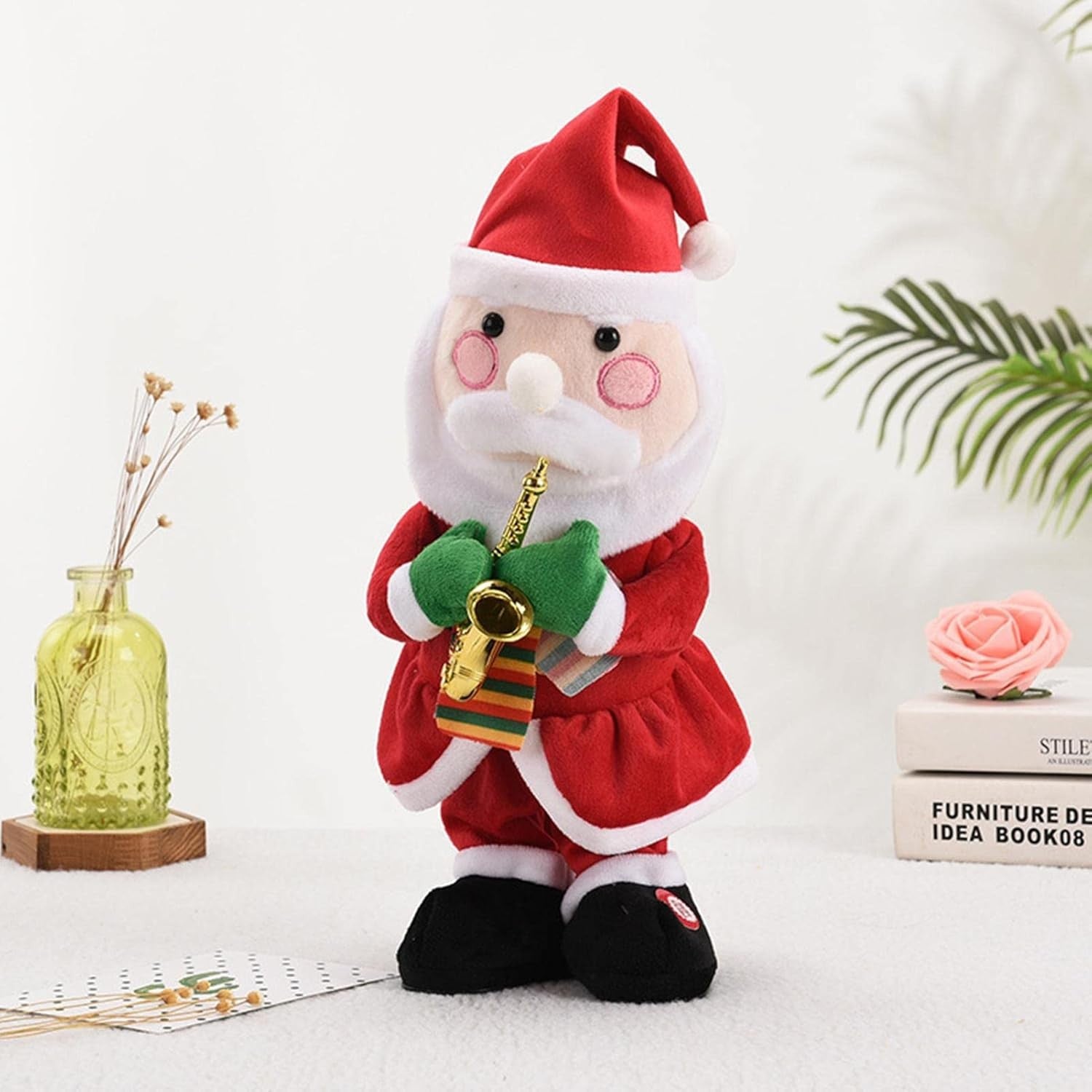 Decoratiune Mos Craciun, Flippy, Animat, care Canta si Danseaza, cu Saxofon, Imbracat Festiv, 25 cm Inaltime, Rosu