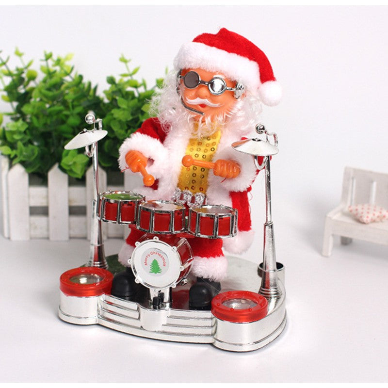 Decoratiune Mos Craciun, Flippy, Animat, care Canta si Danseaza, cu Tobe, Imbracat Festiv, 20x17 cm Inaltime, Rosu