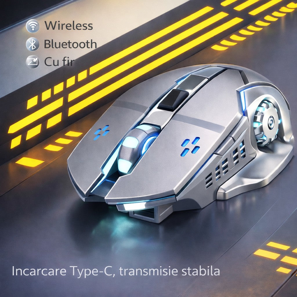Mouse Wireless, Flippy, 6 Butoane, DPI Ajustabil 1200-3600, Iluminare RGB Tip Breathing, Reincarcabil, 138x80x38 mm,