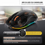 Mouse Wireless, Flippy, Dual Bluetooth, 2.4 GHz, Multi Device, USB-C, 4 Niveluri DPI 800-2400, Reincarcabil, Iluminare