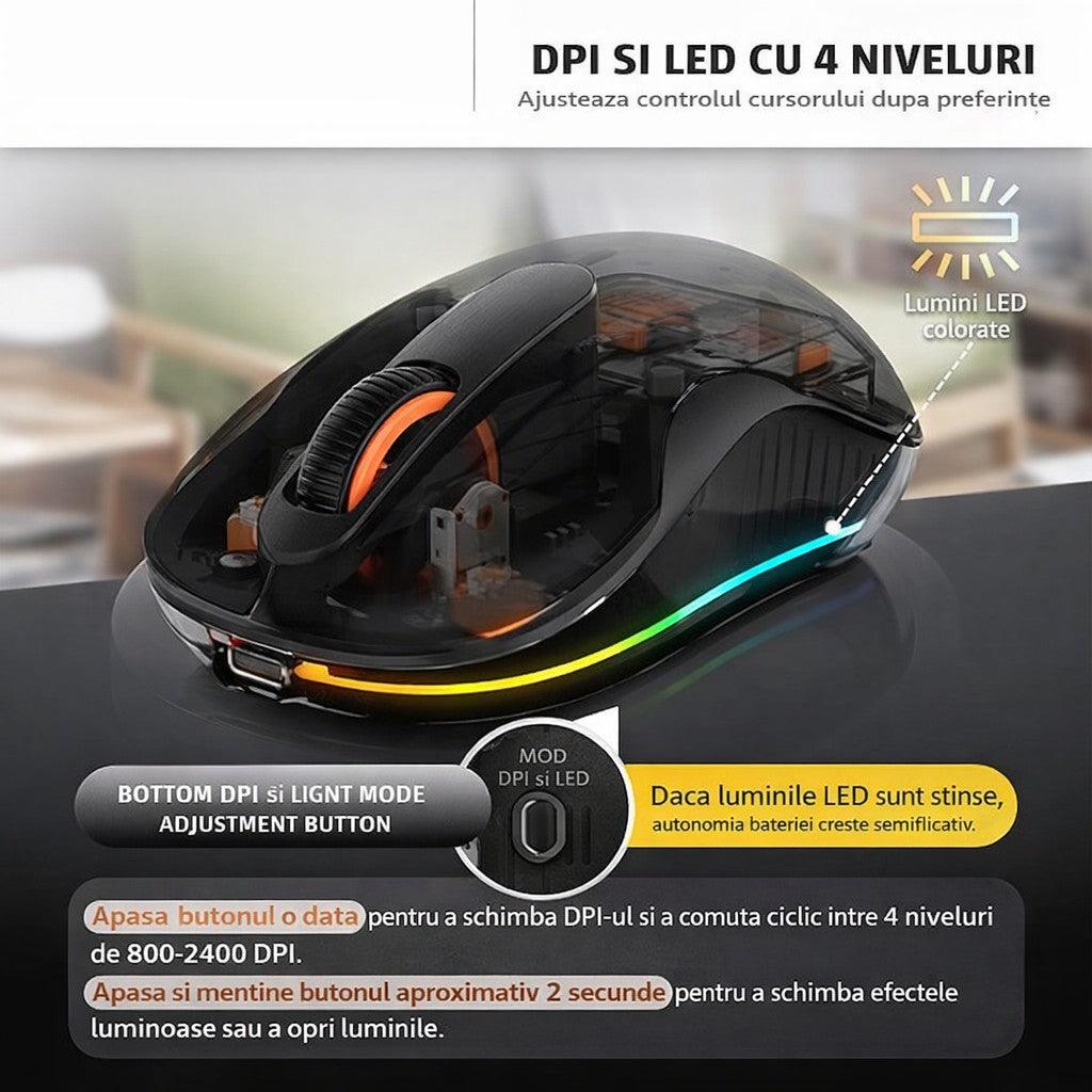 Mouse Wireless, Flippy, Dual Bluetooth, 2.4 GHz, Multi Device, USB-C, 4 Niveluri DPI 800-2400, Reincarcabil, Iluminare