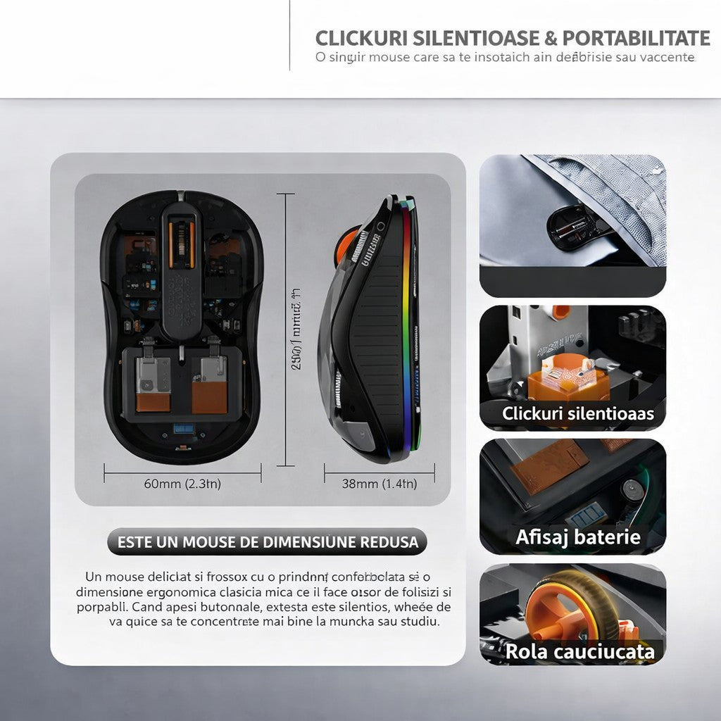 Mouse Wireless, Flippy, Dual Bluetooth, 2.4 GHz, Multi Device, USB-C, 4 Niveluri DPI 800-2400, Reincarcabil, Iluminare