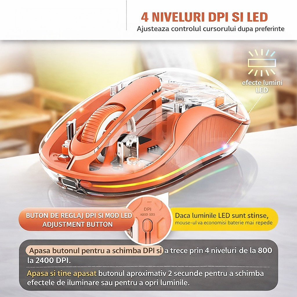 Mouse Wireless, Flippy, Dual Bluetooth, 2.4 GHz, Multi Device, USB-C, 4 Niveluri DPI 800-2400, Reincarcabil, Iluminare