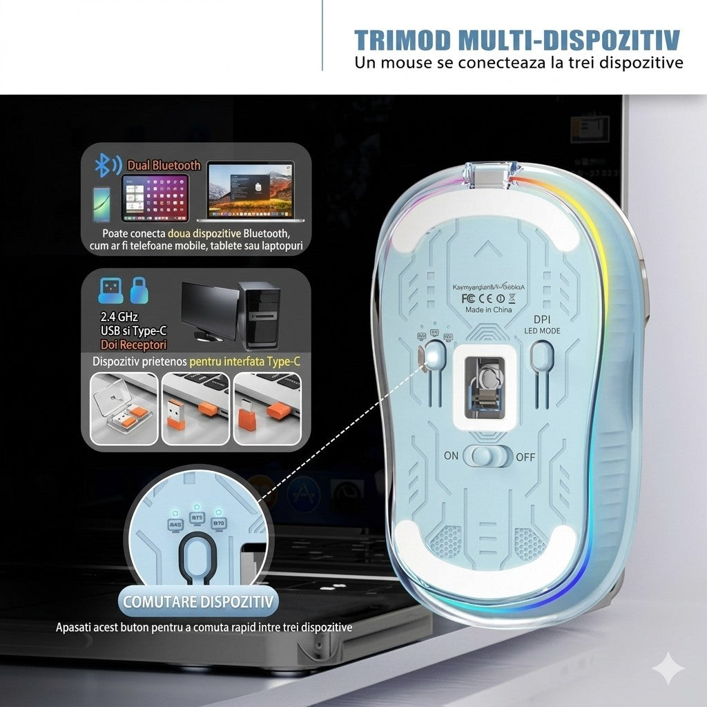 Mouse Wireless, Flippy, Dual Bluetooth, 2.4 GHz, Multi Device, USB-C, 4 Niveluri DPI 800-2400, Reincarcabil, Iluminare