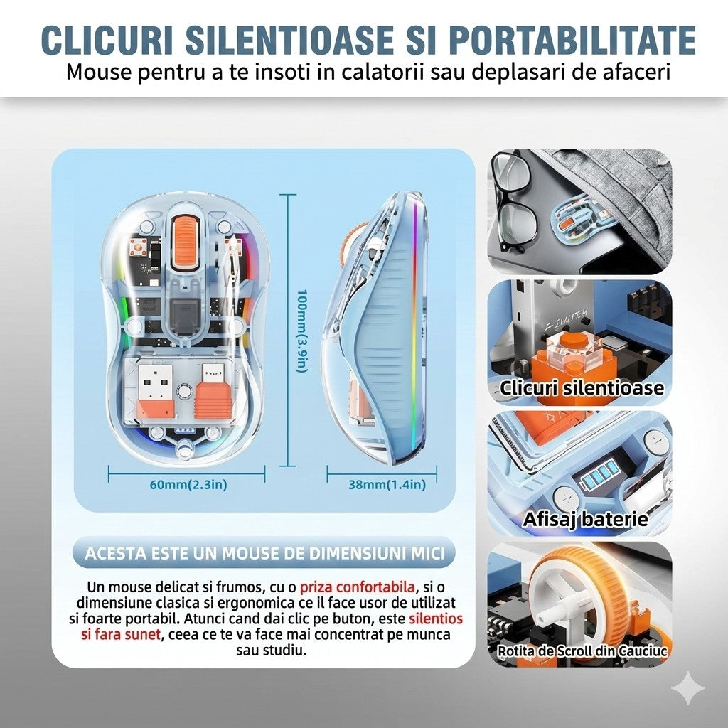 Mouse Wireless, Flippy, Dual Bluetooth, 2.4 GHz, Multi Device, USB-C, 4 Niveluri DPI 800-2400, Reincarcabil, Iluminare