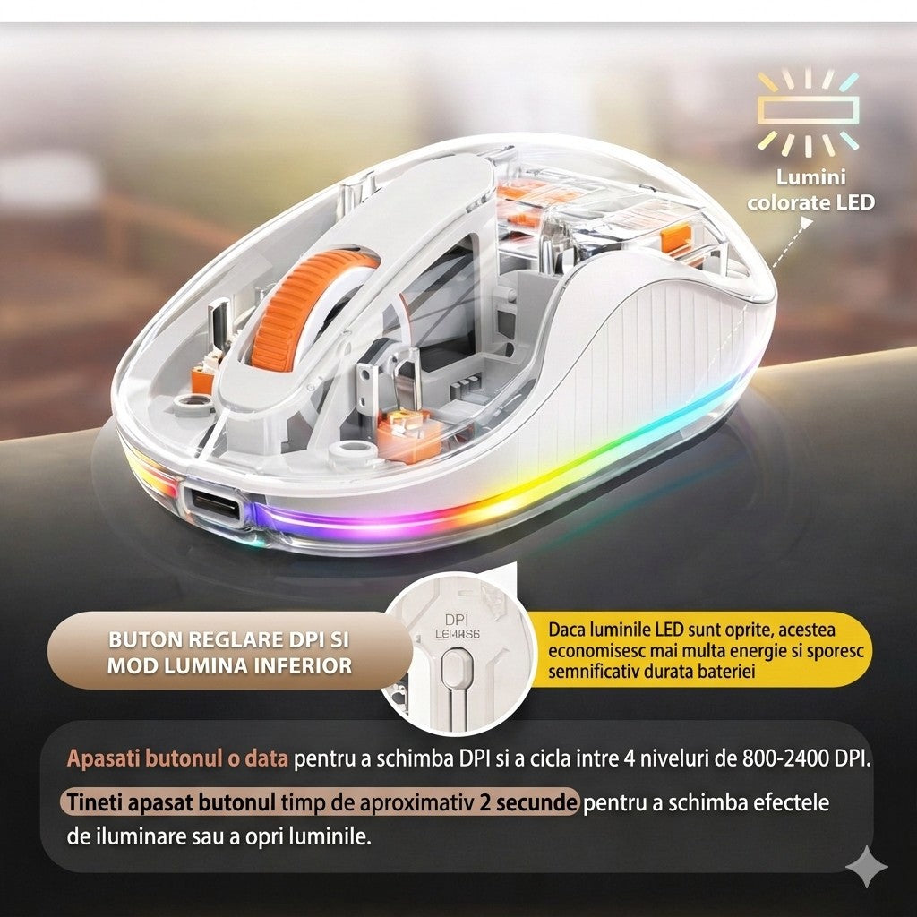 Mouse Wireless, Flippy, Dual Bluetooth, 2.4 GHz, Multi Device, USB-C, 4 Niveluri DPI 800-2400, Reincarcabil, Iluminare