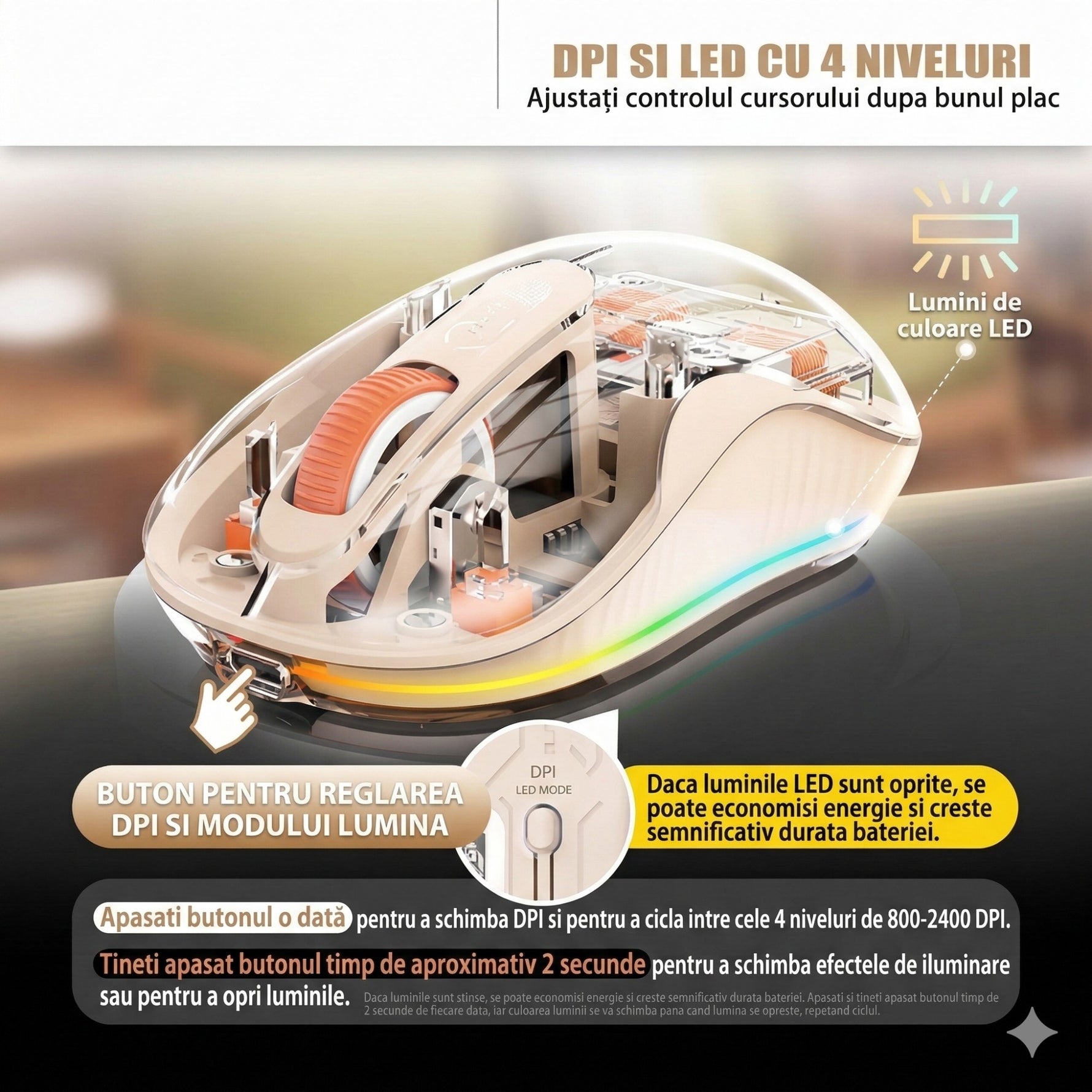 Mouse Wireless, Flippy, Dual Bluetooth, 2.4 GHz, Multi Device, USB-C, 4 Niveluri DPI 800-2400, Reincarcabil, Iluminare