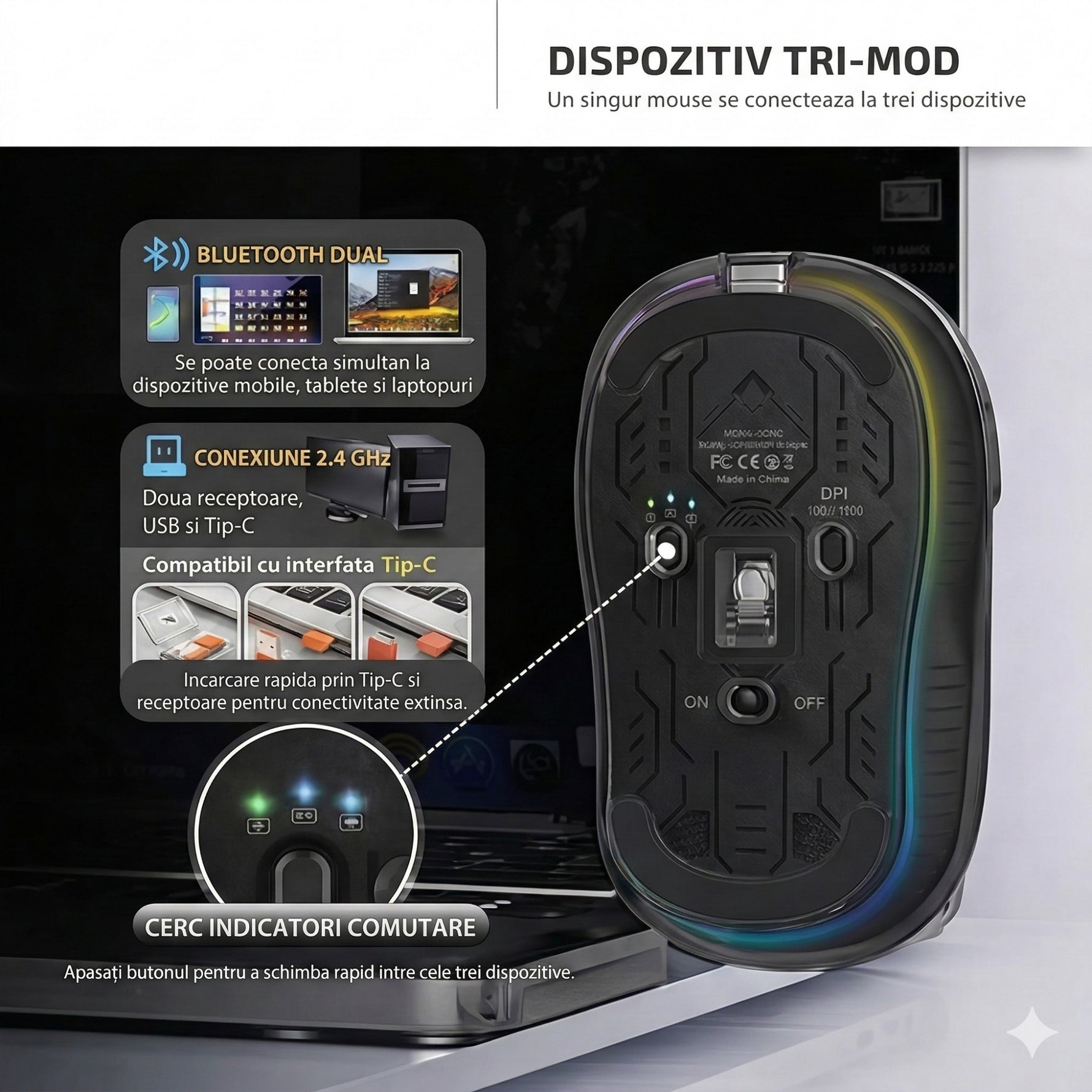 Mouse Wireless, Flippy, Dual Bluetooth, 2.4 GHz, Multi Device, USB-C, 4 Niveluri DPI 800-2400, Reincarcabil, Iluminare