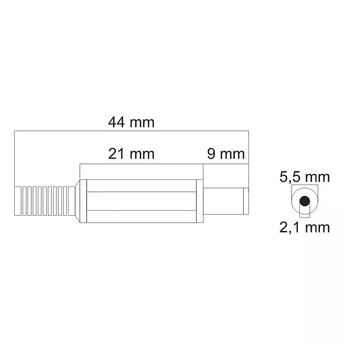 Mufa DC 2.1x5.5mm tata pe fir cu protector de cablu