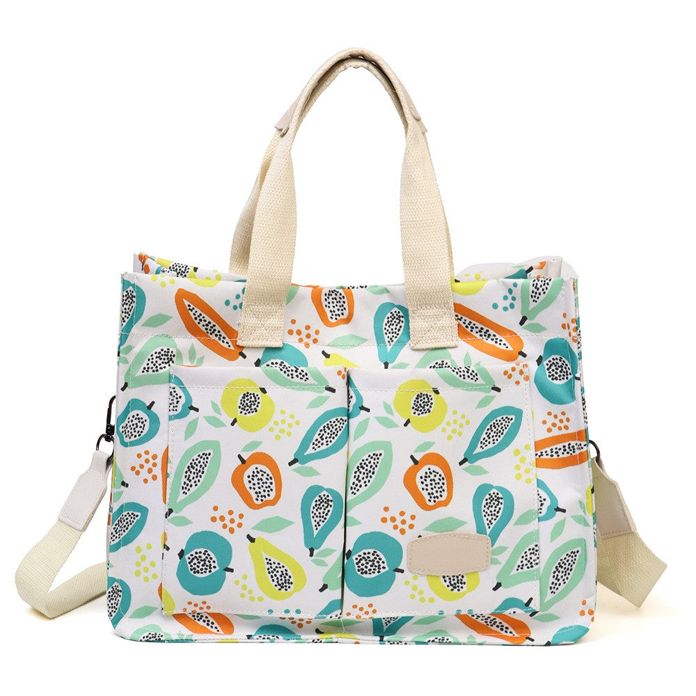 Geanta de Mana/Umar, Multifunctionala, Flippy, Inchidere cu Capsa, Imprimeu Fructe, Material Textil, 33.5 x 25 x 14.5