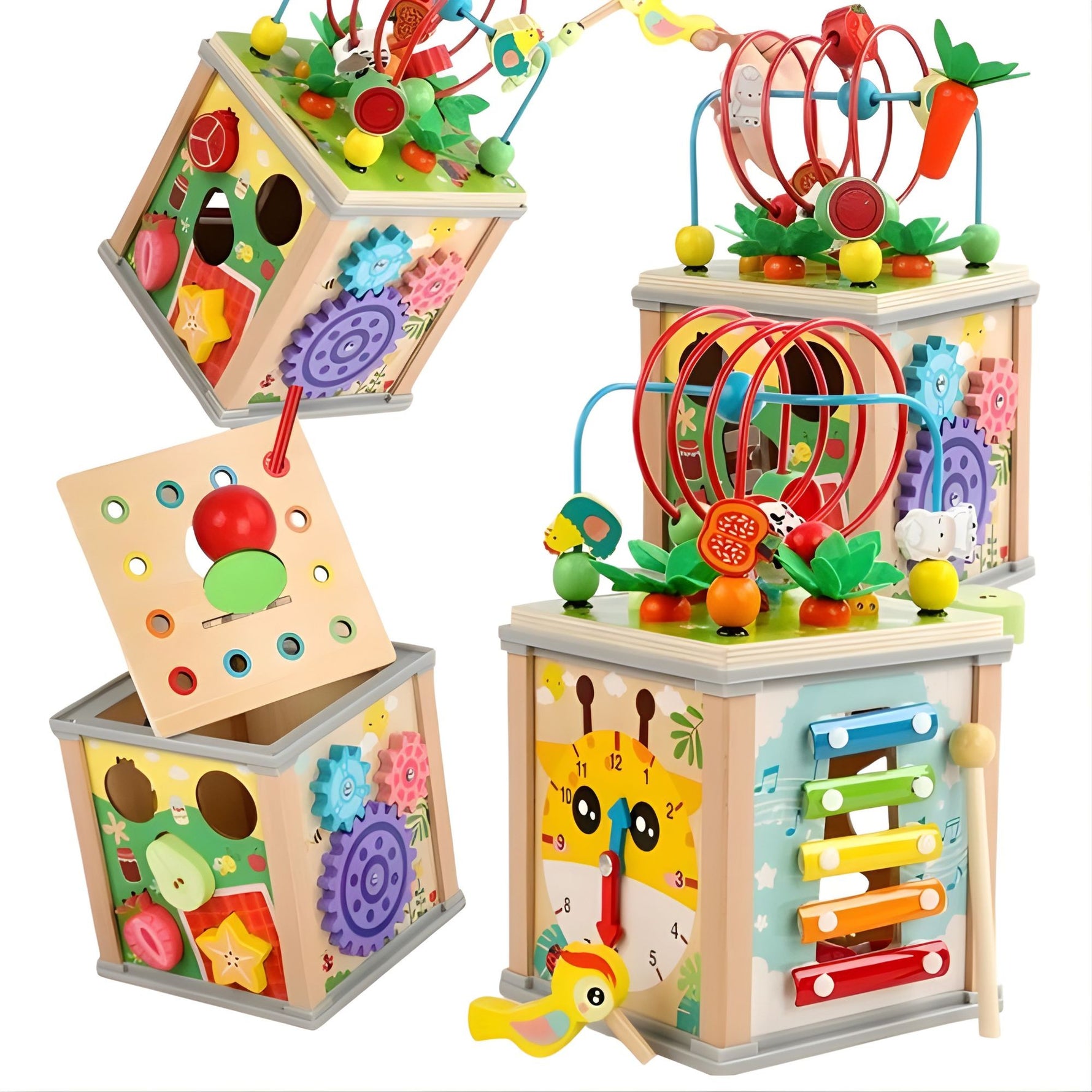 Cub Educativ Montessori din Lemn, Flippy, Multifunctional, Sortare Forme si Culori, Activitati Educative, Multicolor,