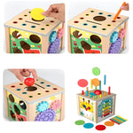 Cub Educativ Montessori din Lemn, Flippy, Multifunctional, Sortare Forme si Culori, Activitati Educative, Multicolor,