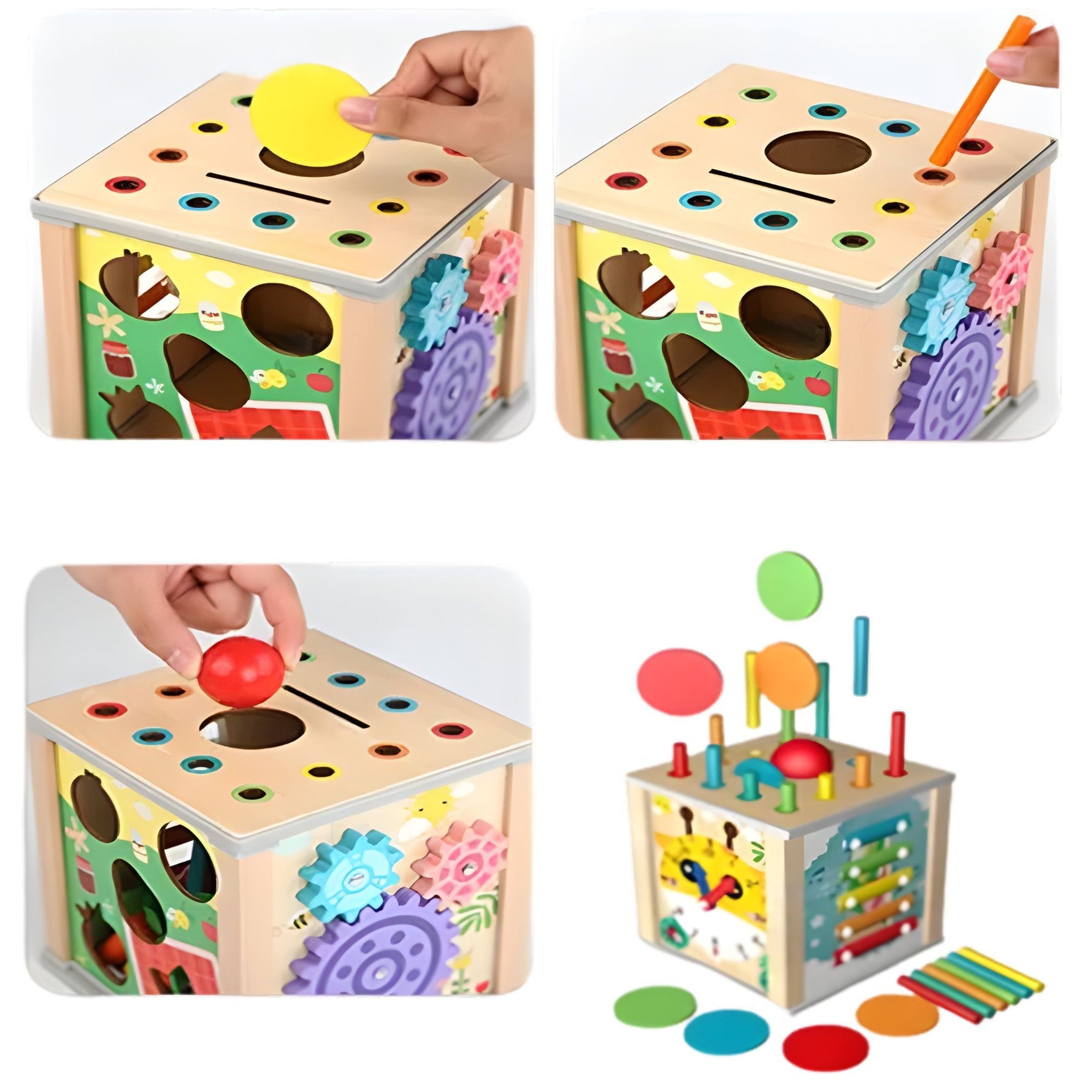 Cub Educativ Montessori din Lemn, Flippy, Multifunctional, Sortare Forme si Culori, Activitati Educative, Multicolor,