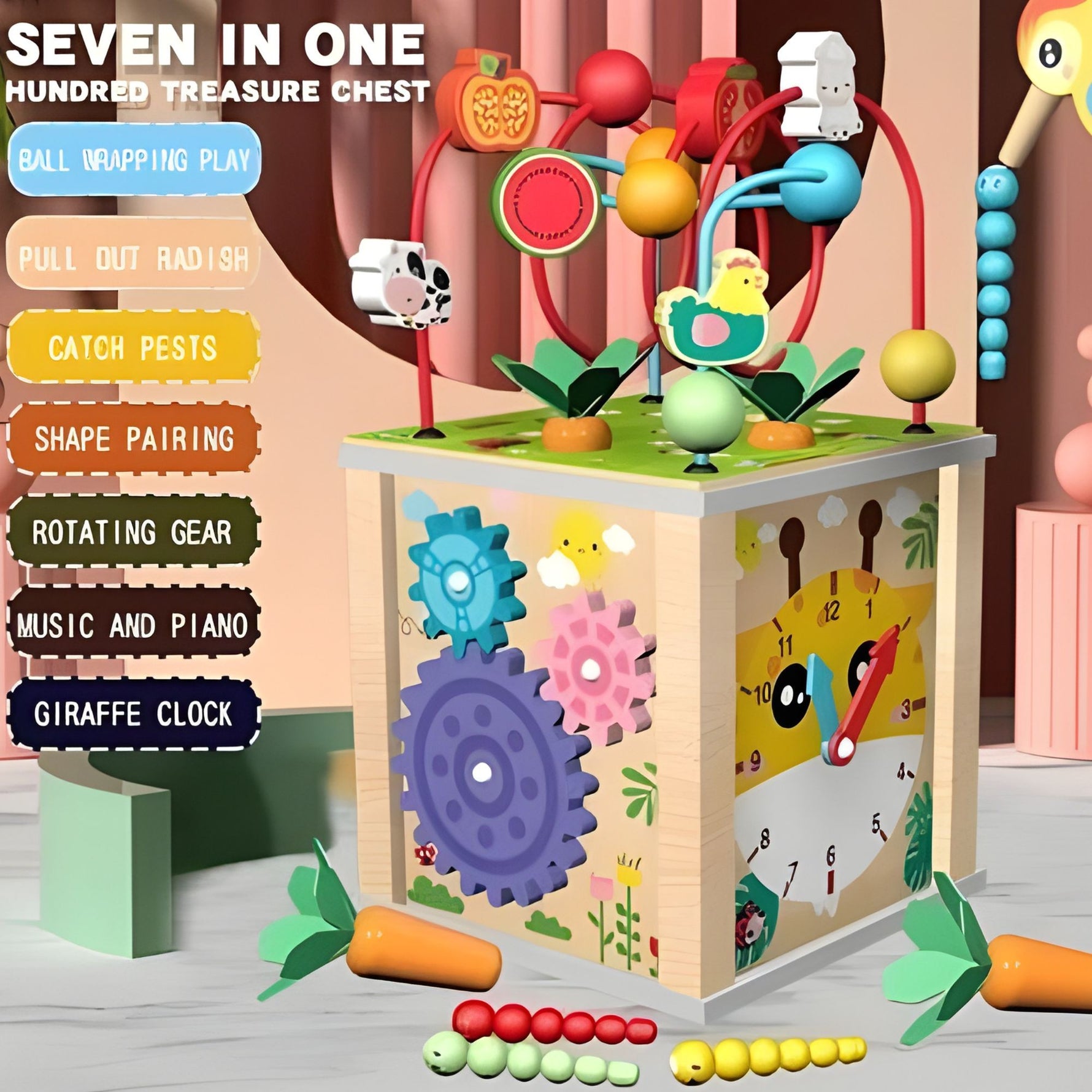 Cub Educativ Montessori din Lemn, Flippy, Multifunctional, Sortare Forme si Culori, Activitati Educative, Multicolor,