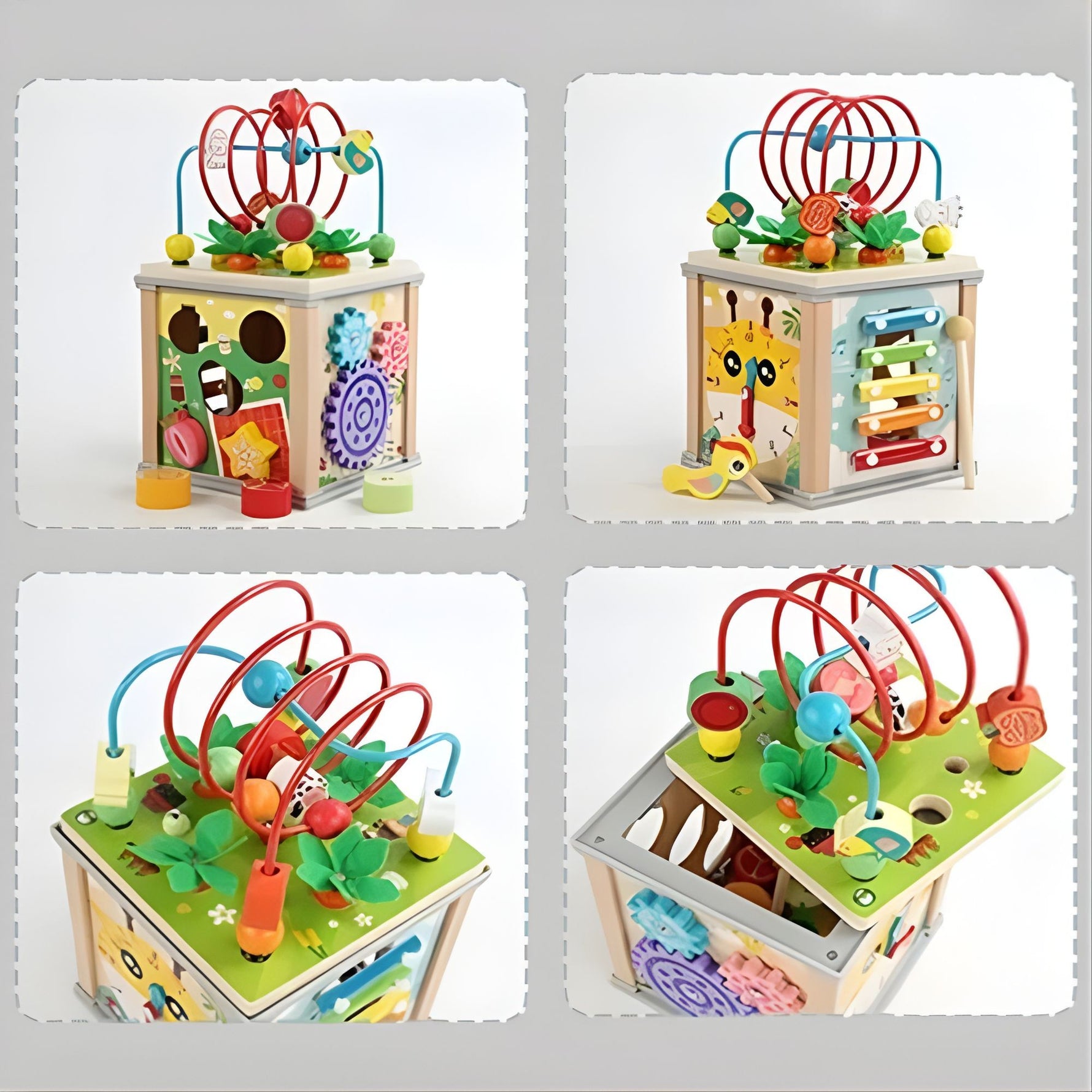 Cub Educativ Montessori din Lemn, Flippy, Multifunctional, Sortare Forme si Culori, Activitati Educative, Multicolor,