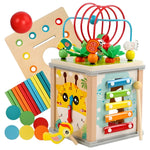 Cub Educativ Montessori din Lemn, Flippy, Multifunctional, Sortare Forme si Culori, Activitati Educative, Multicolor,