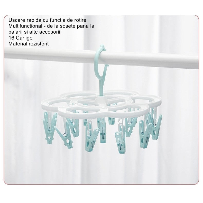 Uscator de Rufe Suspendat Flippy, cu 16 Carlige, Rotire 360 Grade, Mateiral Plastic, Usor de Depozitat,