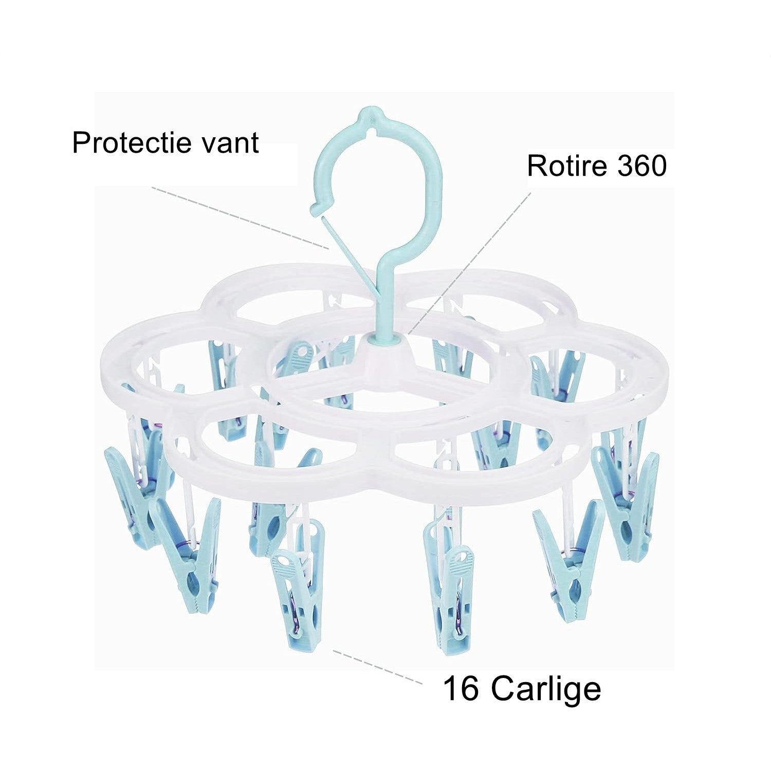 Uscator de Rufe Suspendat Flippy, cu 16 Carlige, Rotire 360 Grade, Mateiral Plastic, Usor de Depozitat,