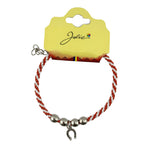 Martisor de Tip Bratara cu 4 Bile si Pandativ Metalic, Jolie, Model Potcoava, Design Clasic, Snur Rasucit Alb/Rosu, Cu