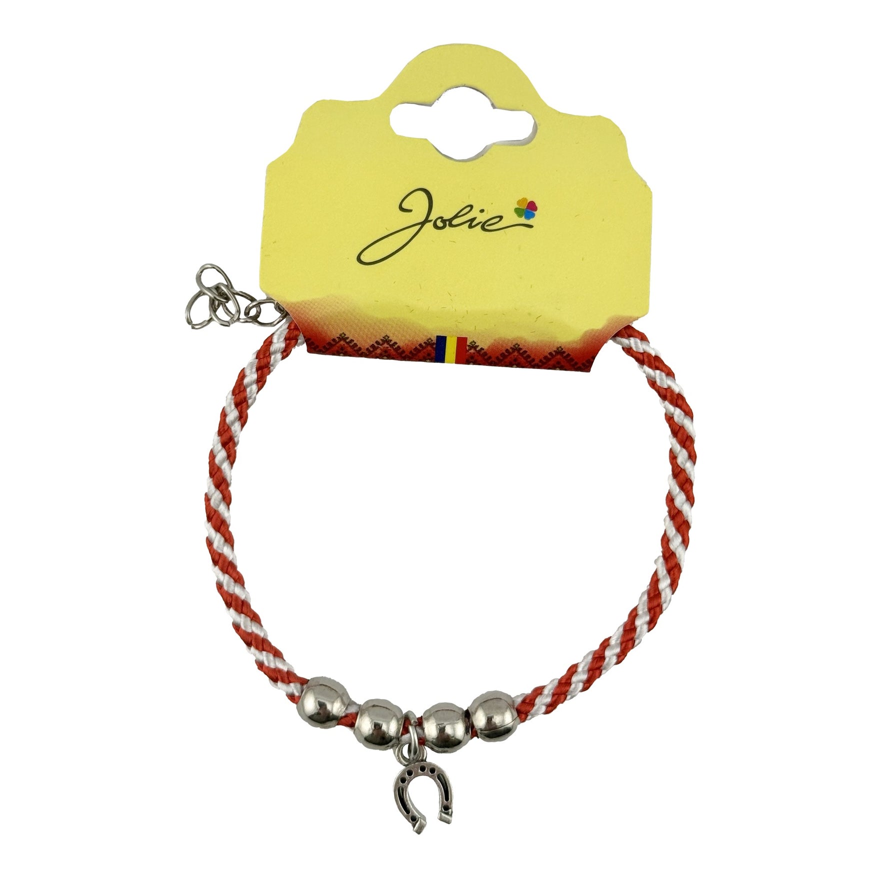 Martisor de Tip Bratara cu 4 Bile si Pandativ Metalic, Jolie, Model Potcoava, Design Clasic, Snur Rasucit Alb/Rosu, Cu