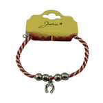 Martisor de Tip Bratara cu 4 Bile si Pandativ Metalic, Jolie, Model Potcoava, Design Clasic, Snur Rasucit Alb/Rosu, Cu