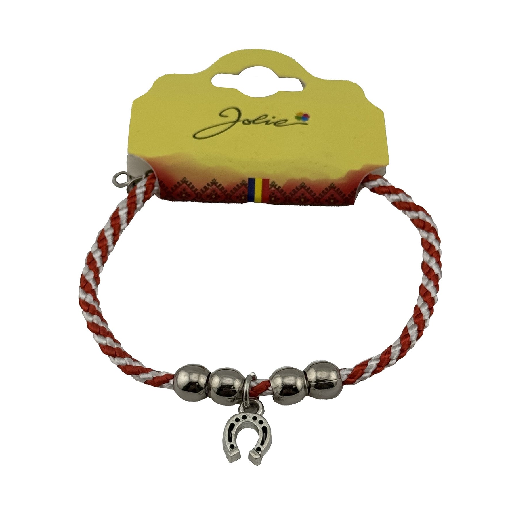 Martisor de Tip Bratara cu 4 Bile si Pandativ Metalic, Jolie, Model Potcoava, Design Clasic, Snur Rasucit Alb/Rosu, Cu