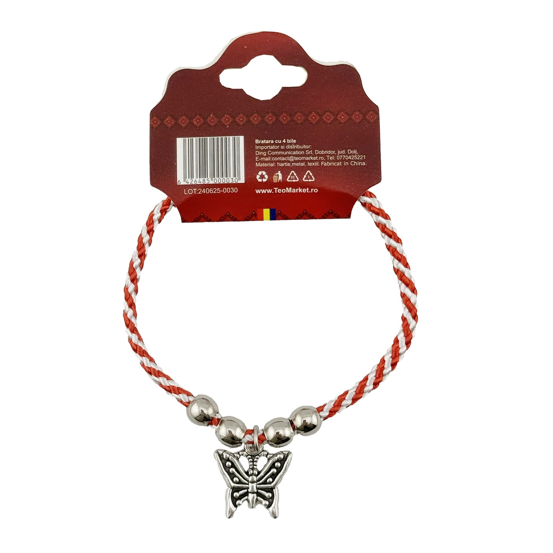 Martisor de Tip Bratara cu 4 Bile si Pandativ Metalic, Jolie, Model Fluture, Design Clasic, Snur Rasucit Alb/Rosu, Cu