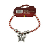Martisor de Tip Bratara cu 4 Bile si Pandativ Metalic, Jolie, Model Fluture, Design Clasic, Snur Rasucit Alb/Rosu, Cu