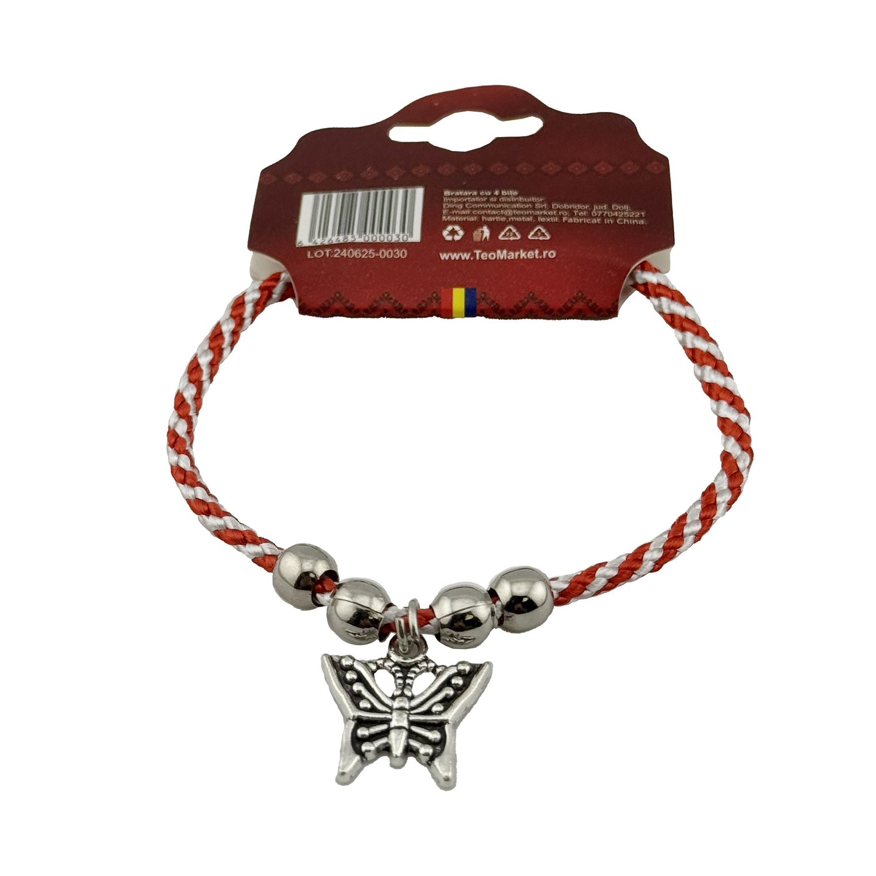 Martisor de Tip Bratara cu 4 Bile si Pandativ Metalic, Jolie, Model Fluture, Design Clasic, Snur Rasucit Alb/Rosu, Cu
