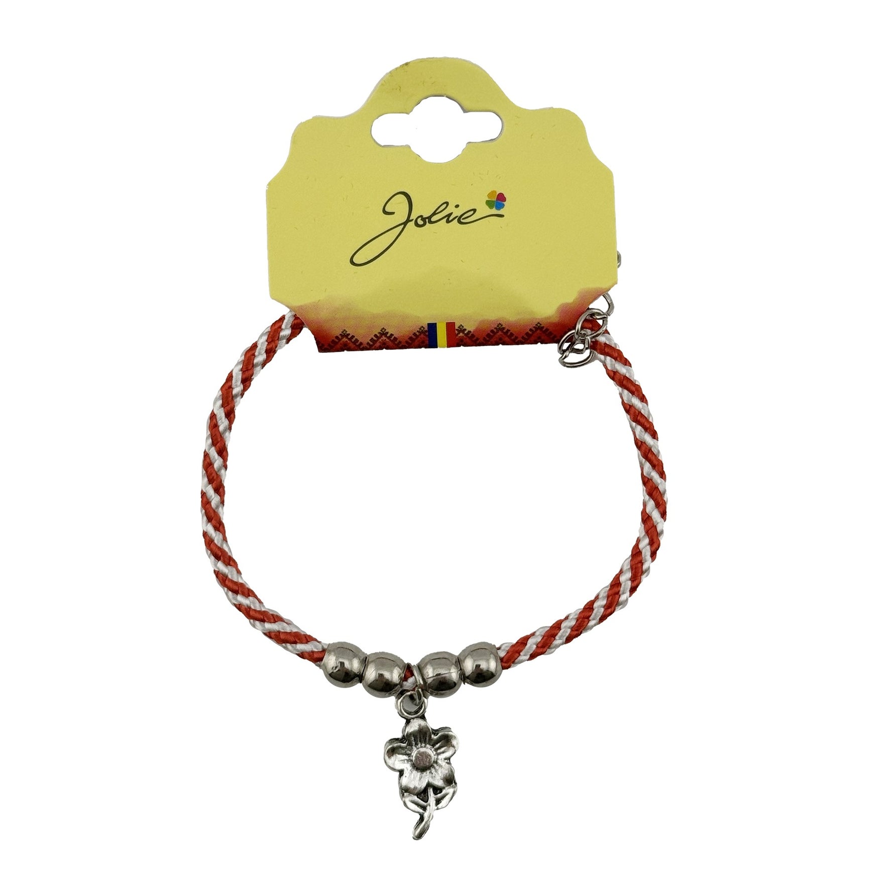 Martisor de Tip Bratara cu 4 Bile si Pandativ Metalic, Jolie, Model Floare, Design Clasic, Snur Rasucit Alb/Rosu, Cu