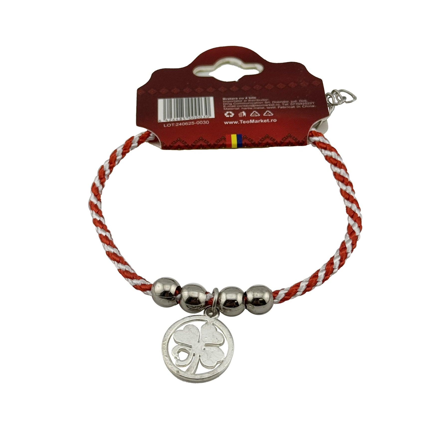 Martisor de Tip Bratara cu 4 Bile si Pandativ Metalic, Jolie, Model Trifoi in Cerc, Design Clasic, Snur Rasucit