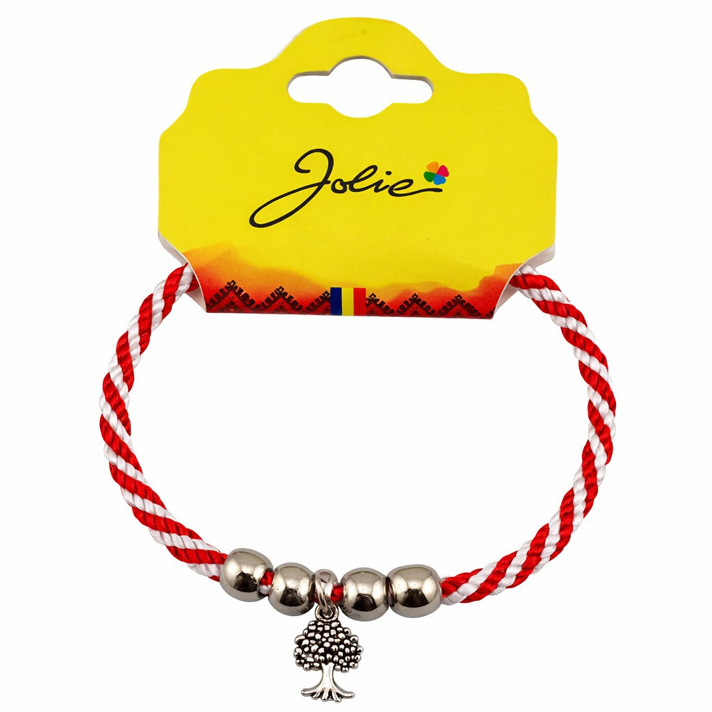 Martisor Bratara cu 4 Bile, Jolie, Model Copac, Pandativ Metalic, Design Clasic, Snur Rasucit Alb/Rosu, Cu Sistem de