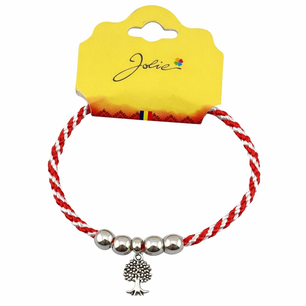 Martisor Bratara cu 4 Bile, Jolie, Model Copac, Pandativ Metalic, Design Clasic, Snur Rasucit Alb/Rosu, Cu Sistem de