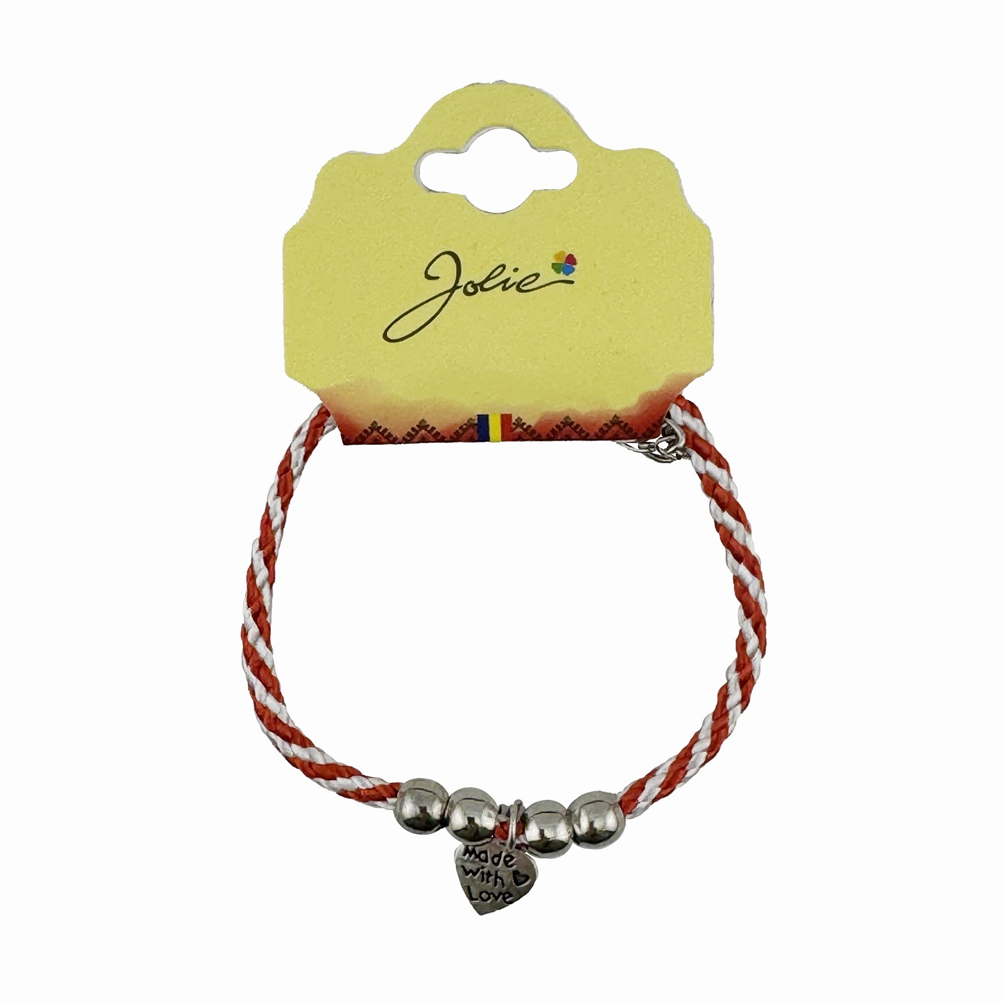 Martisor de Tip Bratara cu 4 Bile si Pandativ Metalic, Jolie, Model Inima Made with Love, Design Clasic, Snur Rasucit