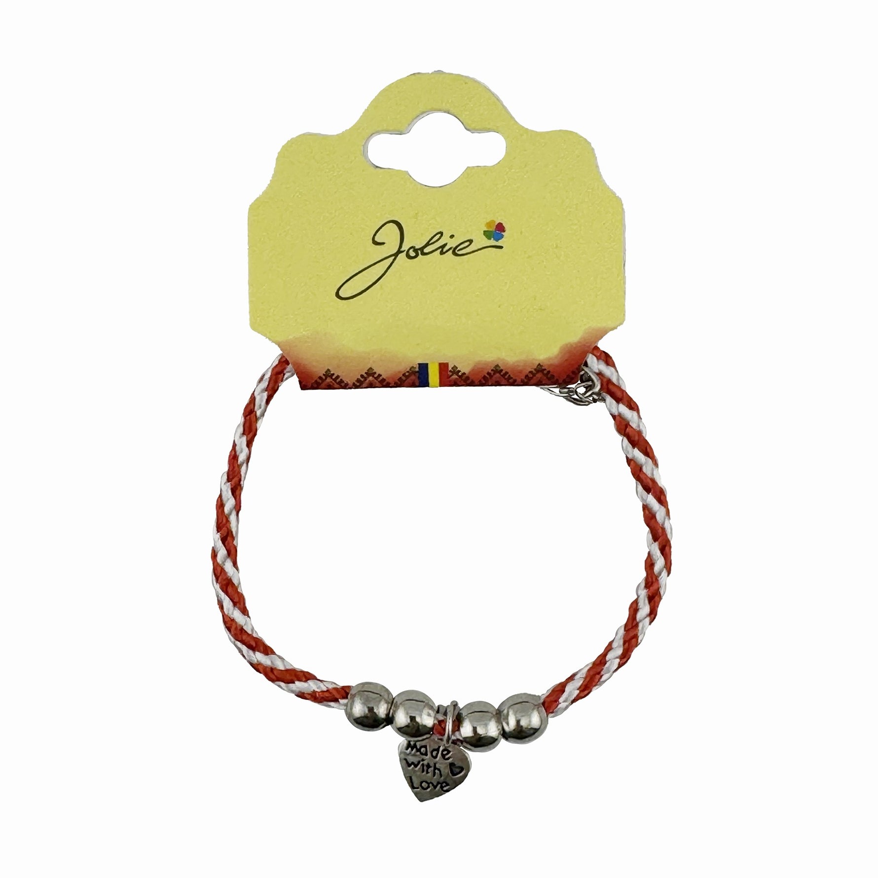 Martisor de Tip Bratara cu 4 Bile si Pandativ Metalic, Jolie, Model Inima Made with Love, Design Clasic, Snur Rasucit