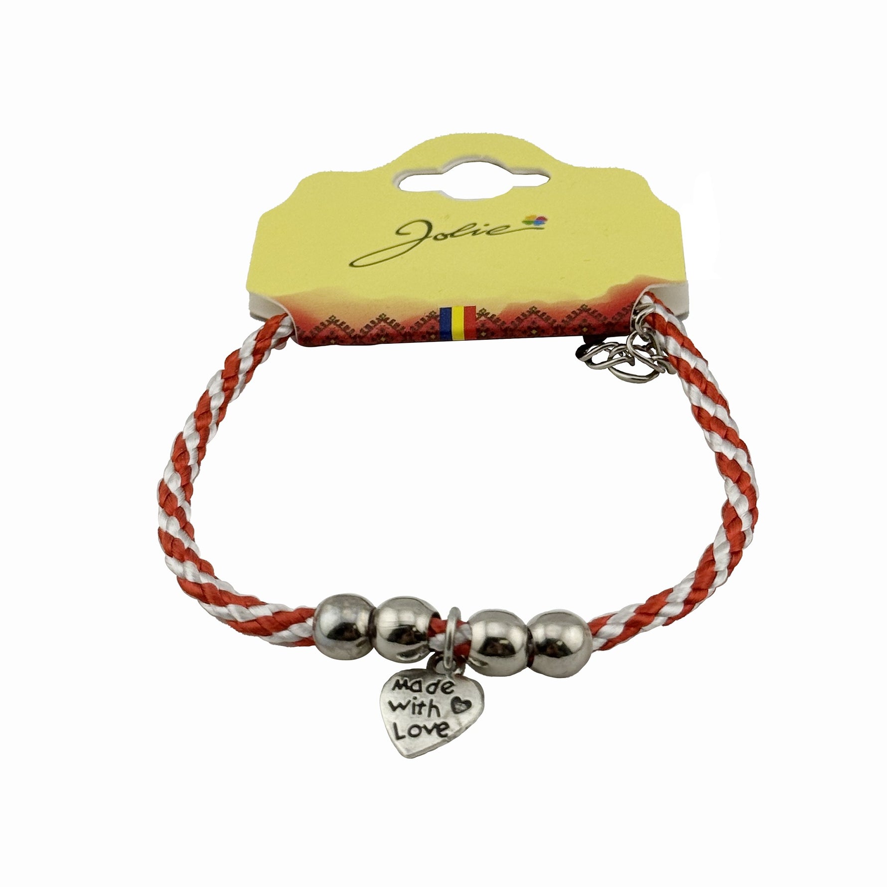 Martisor de Tip Bratara cu 4 Bile si Pandativ Metalic, Jolie, Model Inima Made with Love, Design Clasic, Snur Rasucit