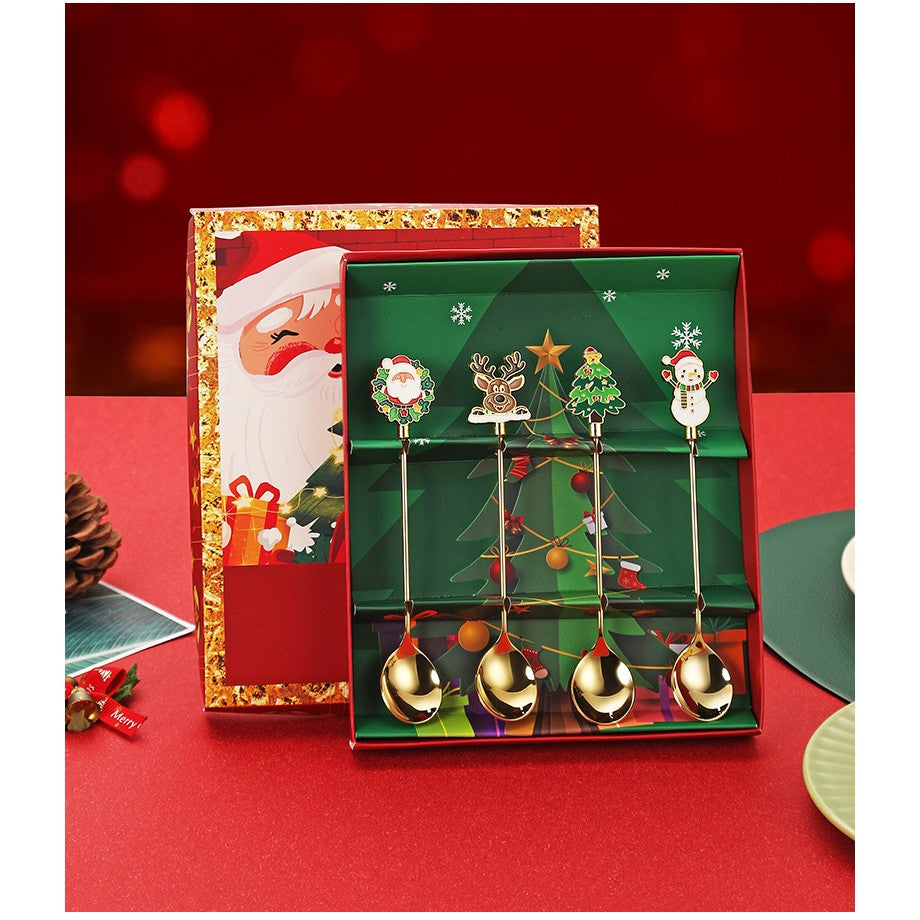 Set 4 Lingurite, Flippy, Tema Craciun, Model Carry The Merry, 4 Modele, din Otel Inoxidabil, 19.5 x 16 x 2 cm,
