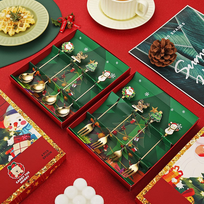 Set 4 Lingurite, Flippy, Tema Craciun, Model Carry The Merry, 4 Modele, din Otel Inoxidabil, 19.5 x 16 x 2 cm,